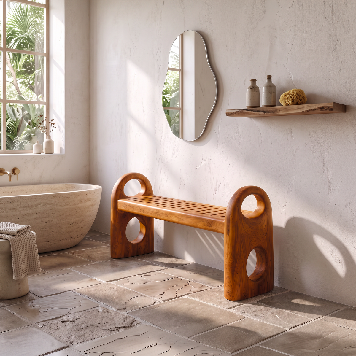 Scandinavian Bathroom Bench With Simple Backless Form For Bathroom