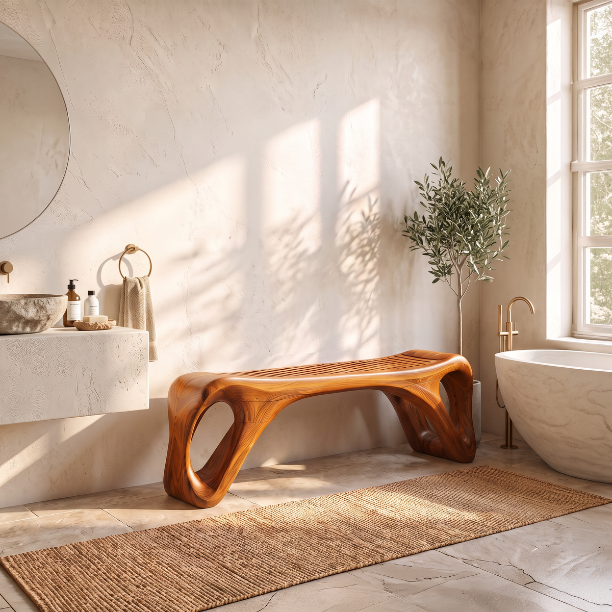 Mid Century Vanity Bench With Rounded Frame And Open Leg Detail For Bathroom