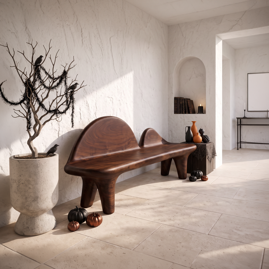 Modern Halloween Bench With Sculptural Curved Backrest For Entryway