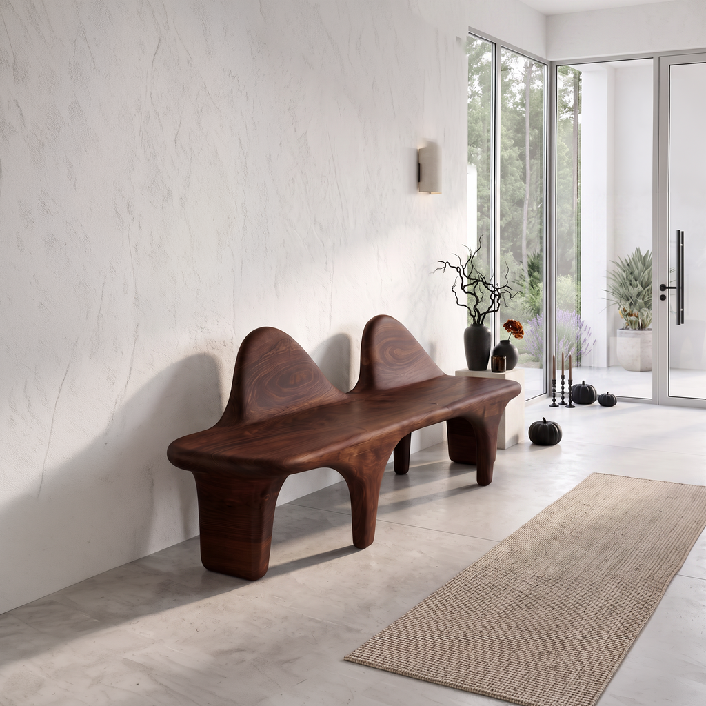 Organic Halloween Wooden Bench With Flowing Back Design For Entryway