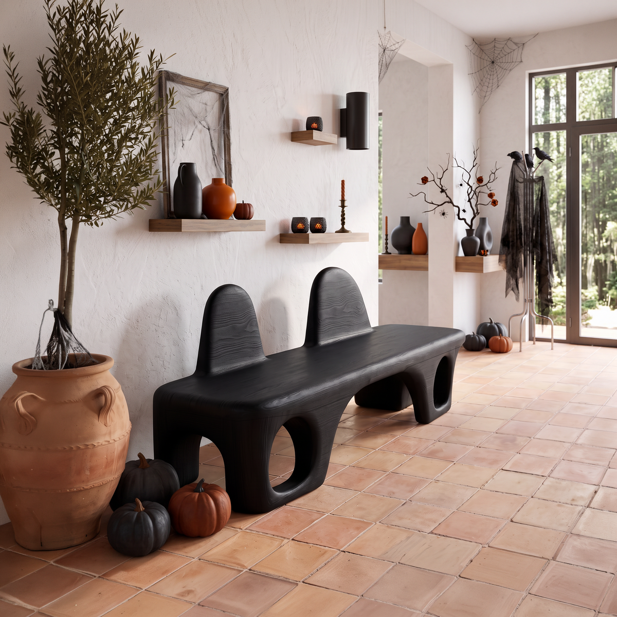 Mid Century Halloween Bench With Rounded Back Panel For Hallway