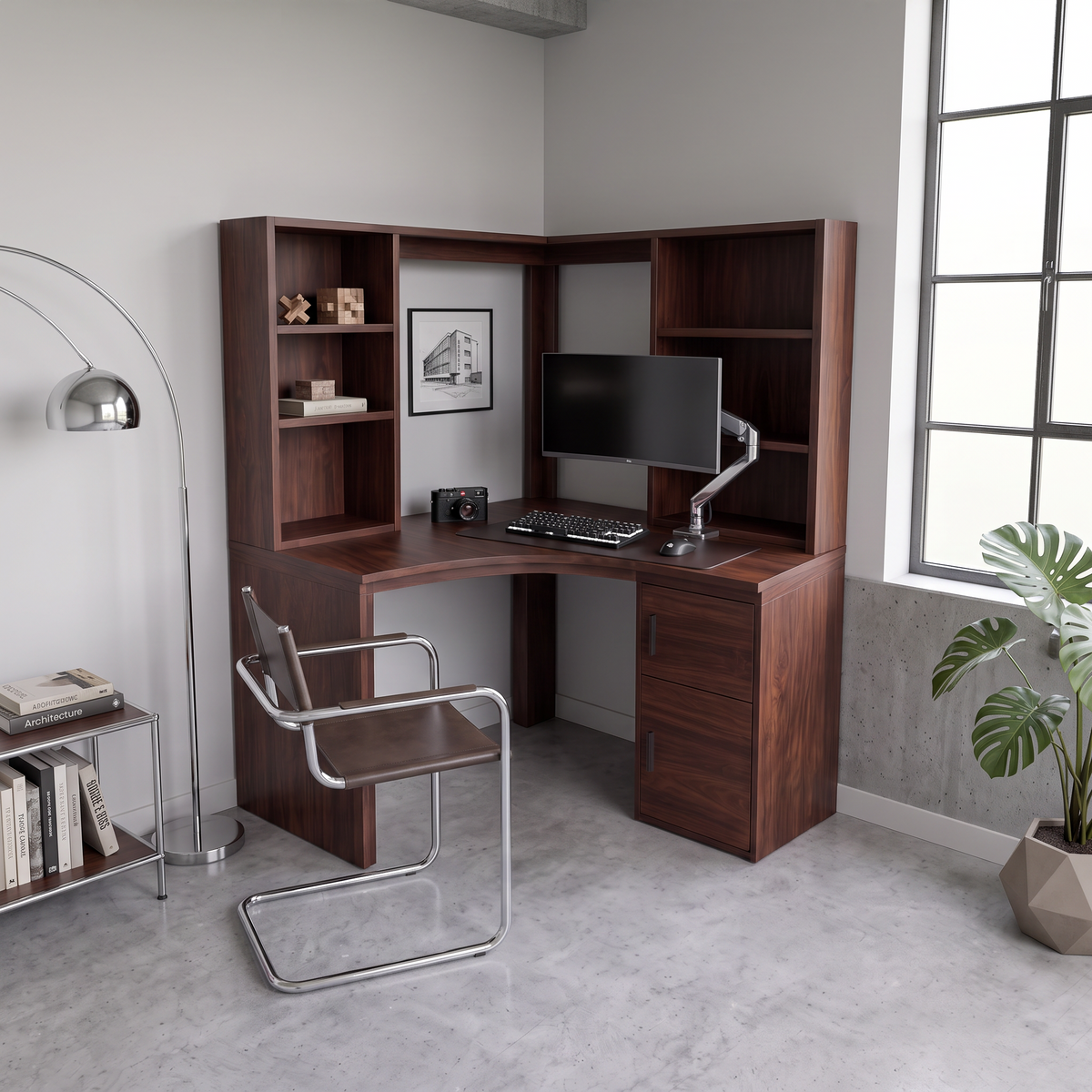 Modern Bookcase Desk With Integrated Upper Shelving For Study Room