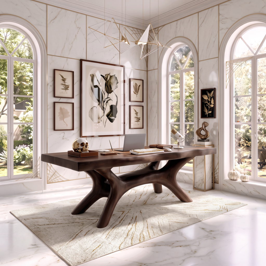 Rustic Dark Office Desk With Sculptural Arch Legs For Home Office