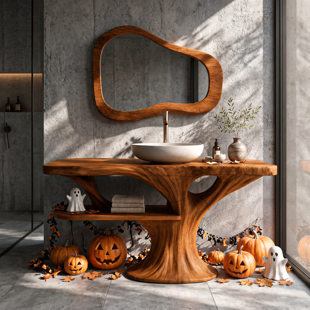 Modern Halloween Wooden Bathroom Vanity With Lower Storage Shelf For Bathroom
