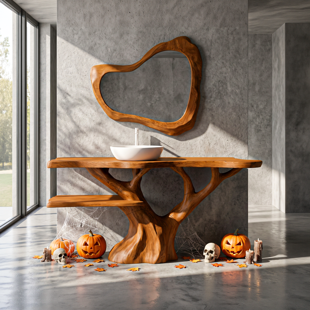 Mid Century Halloween Solid Wood Bathroom Vanity With Sculptural Tree Form For Bathroom