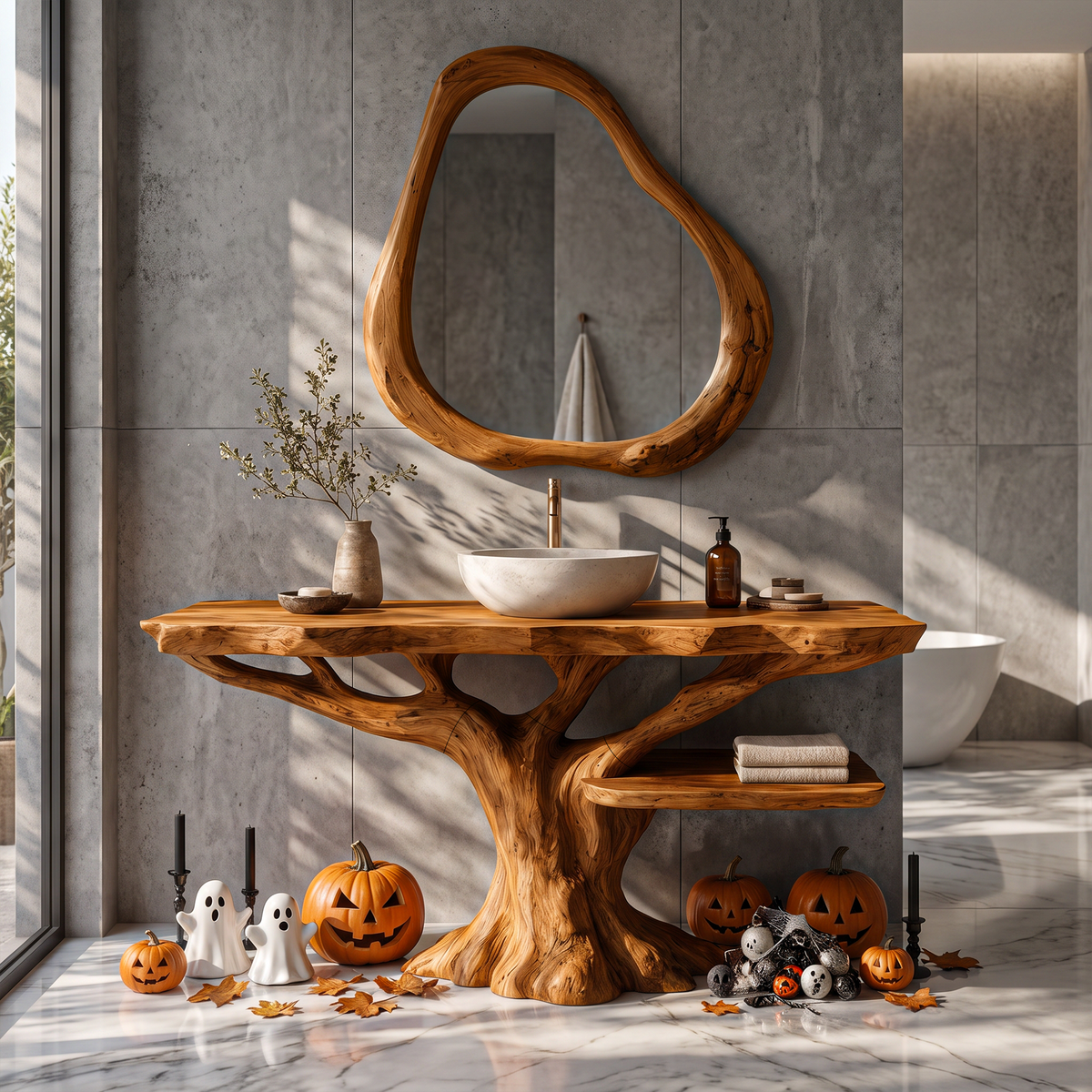Gothic Halloween Bathroom Vanity With Lower Display Shelf For Bathroom