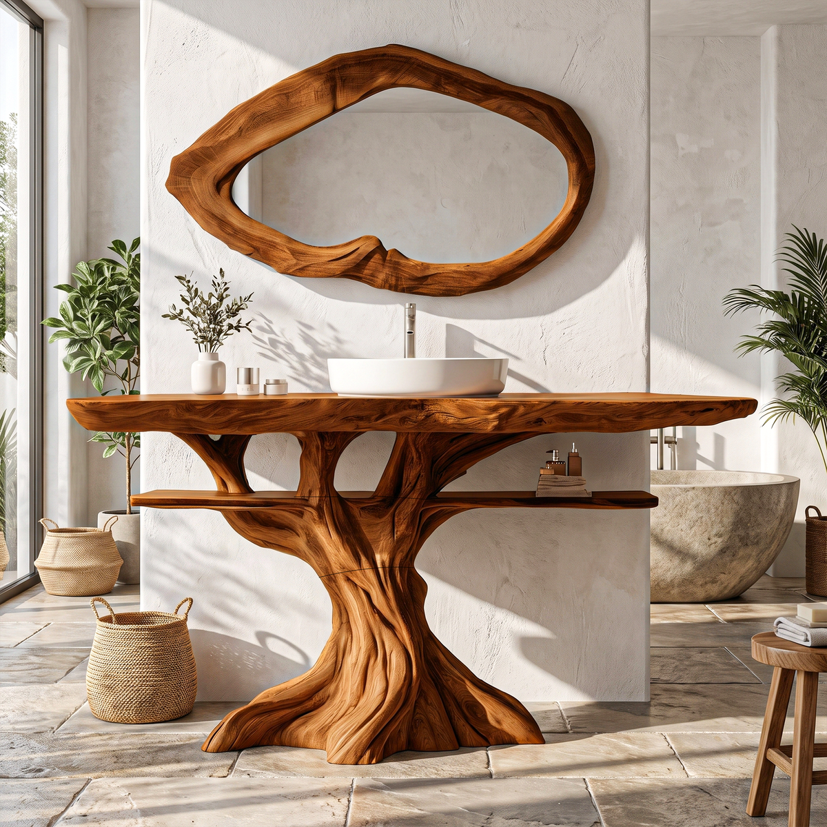 Contemporary Wooden Bathroom Vanity With Tree Inspired Frame For Bathroom