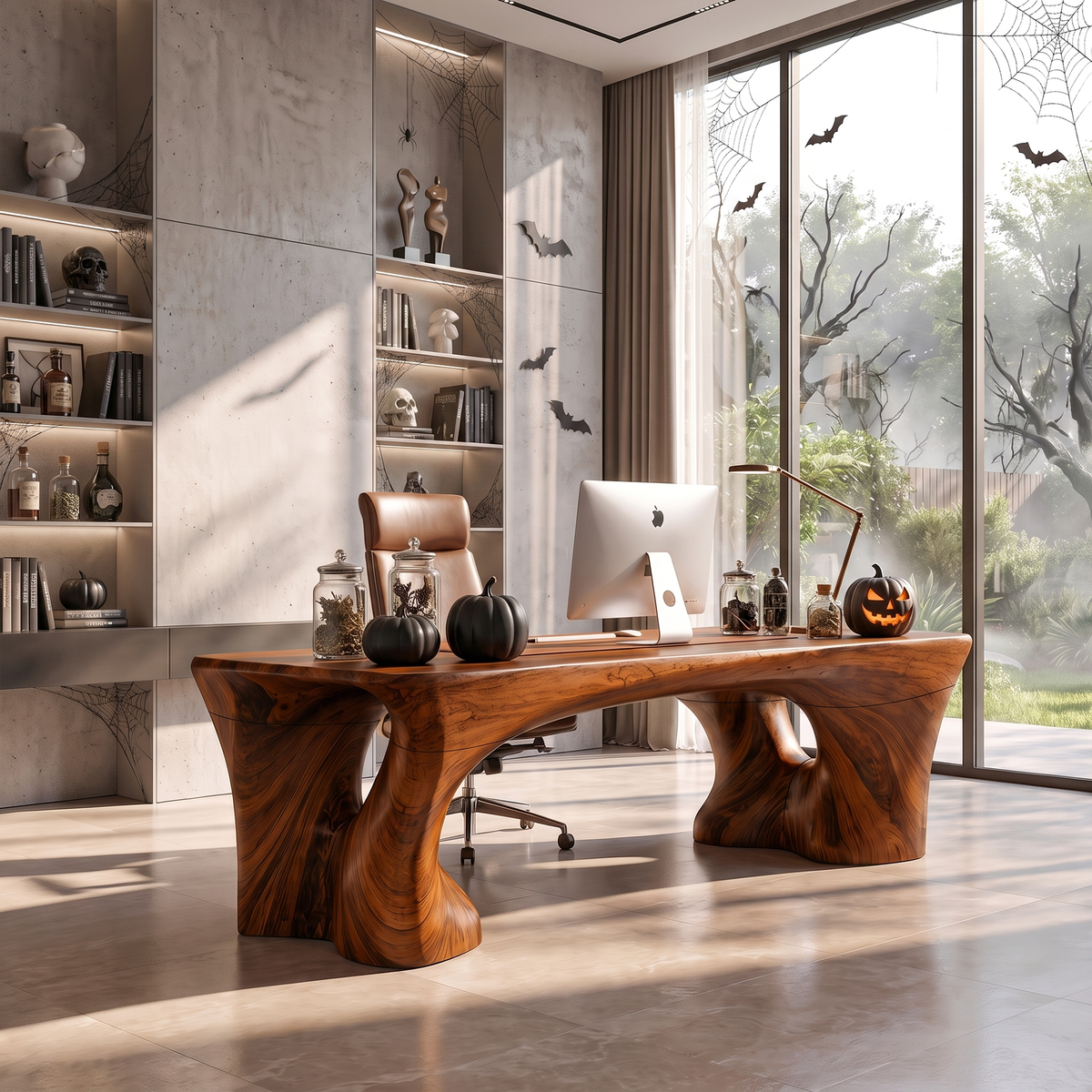Rustic Halloween Desk With Sculptural Trestle Base For Home Office