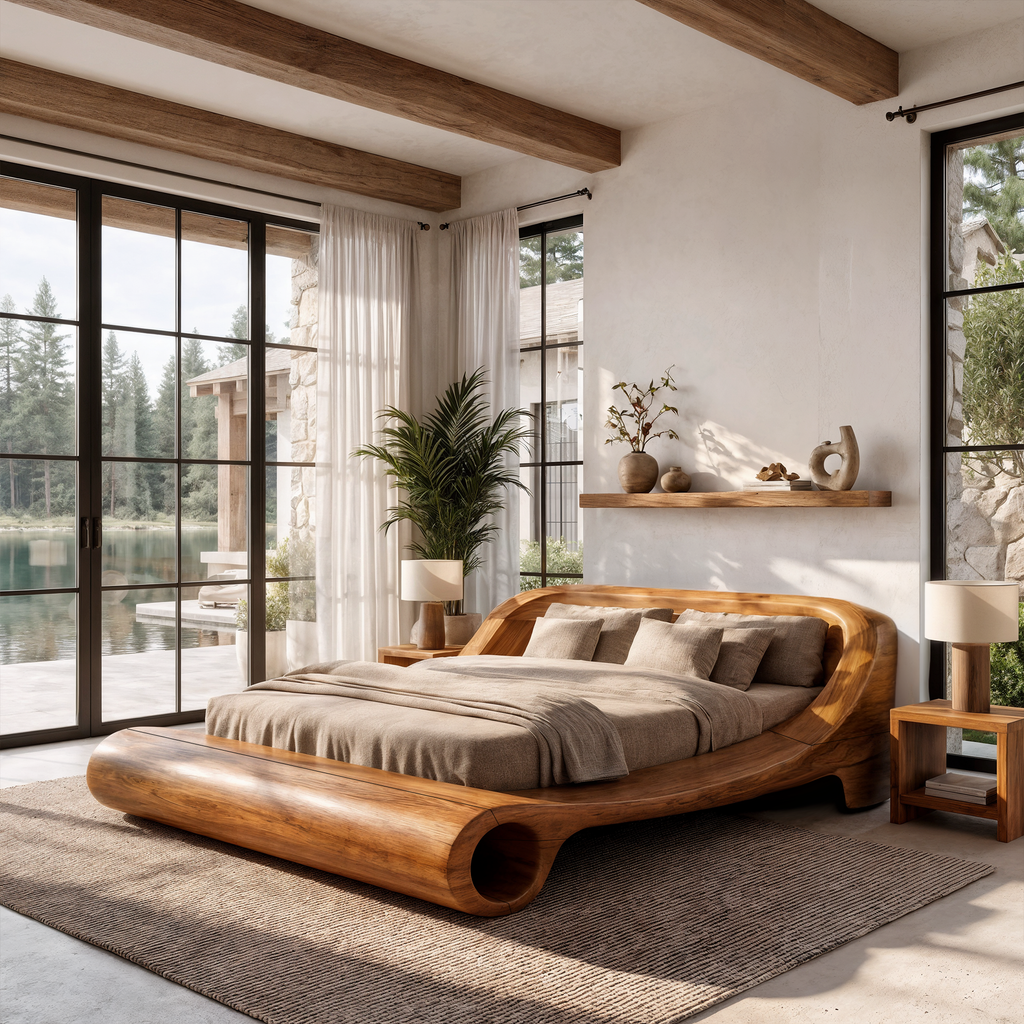 Contemporary Queen Bed Frame With Sculptural Rounded Frame For Bedroom