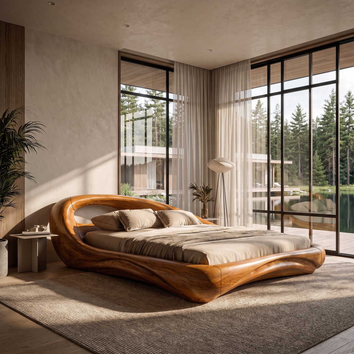 Modern King Bed Frame With Flowing Curved Headboard For Bedroom