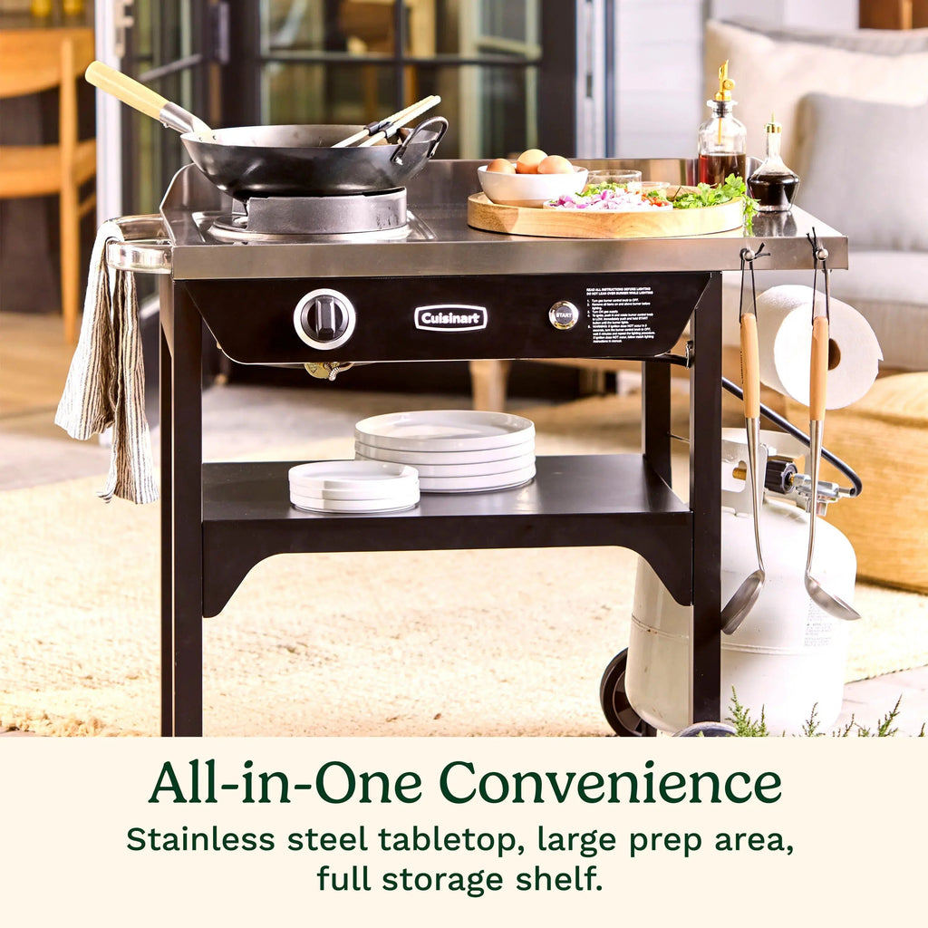Cuisinart Outdoor Wok Station With Prep Table, 50,000 BTU, 14 inch Carbon Steel Wok - Black