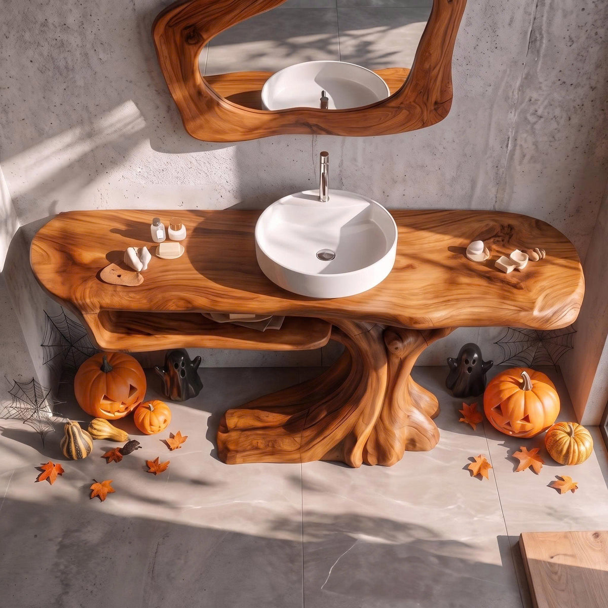 Rustic Halloween Wooden Bathroom Vanity With Branch Inspired Frame For Bathroom