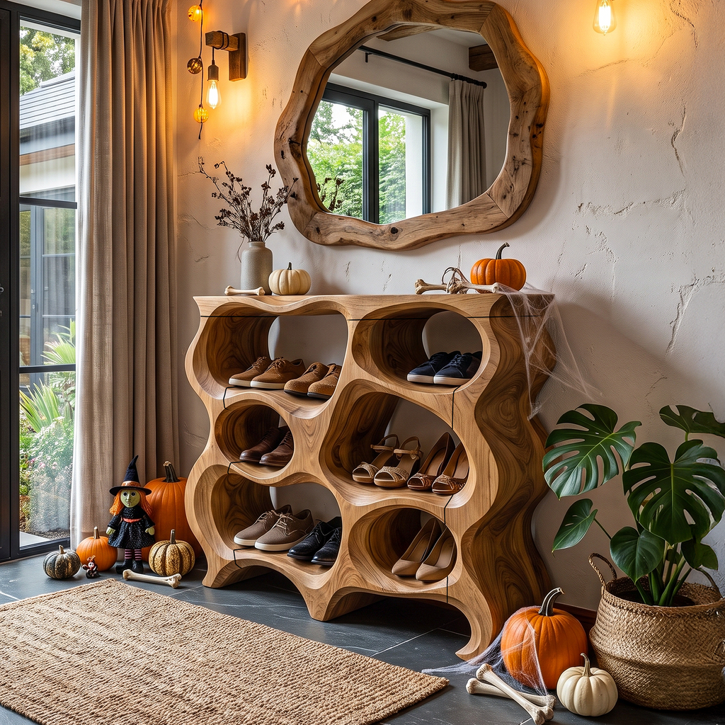 Rustic Halloween Multi Tier Shoe Rack With Carved Hollow Design For Entryway