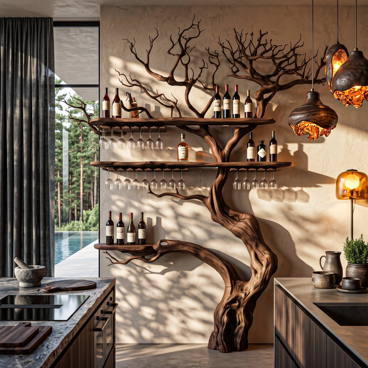 Farmhouse Wall Hanging Wine Rack With Rustic Tree Silhouette For Dining Room