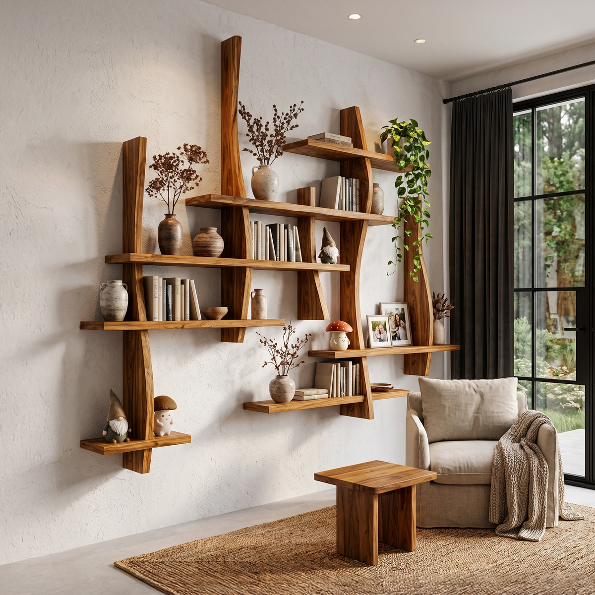 Rustic Floating Bookshelf With Layered Display Shelves For Home Library