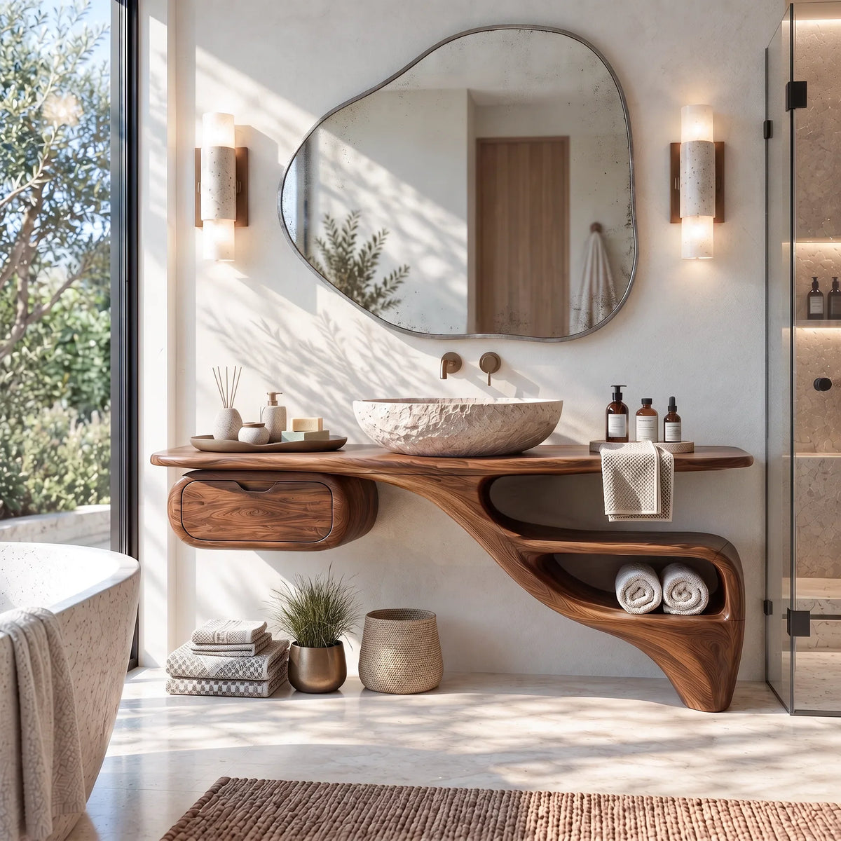 Sculptural Bathroom Vanity Flowing Shelves With Storage For Luxury Bathroom
