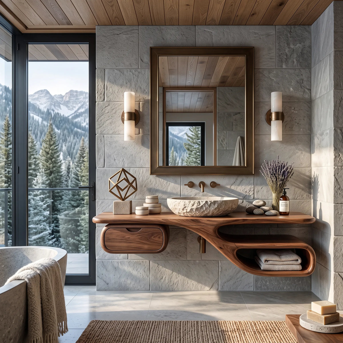 Transitional Floating Bathroom Vanity Curved Storage For Modern Bathroom