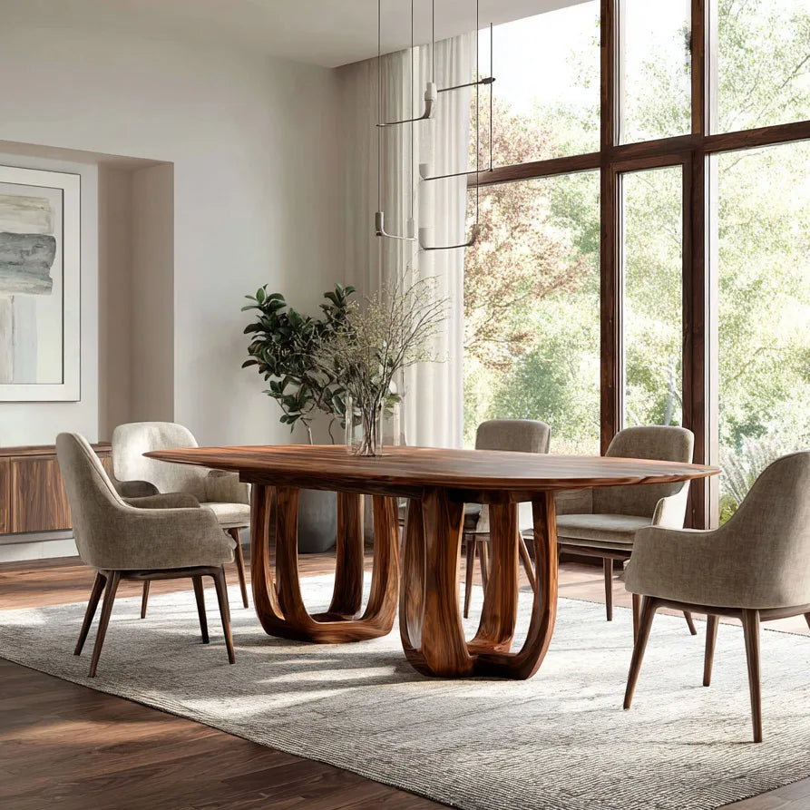 Modern Natural Wood Dining Table Double Loop Base For Dining Room