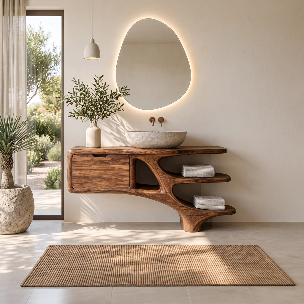 Contemporary Bathroom Vanity Curved Shelves With Cabinet For Modern Ensuite