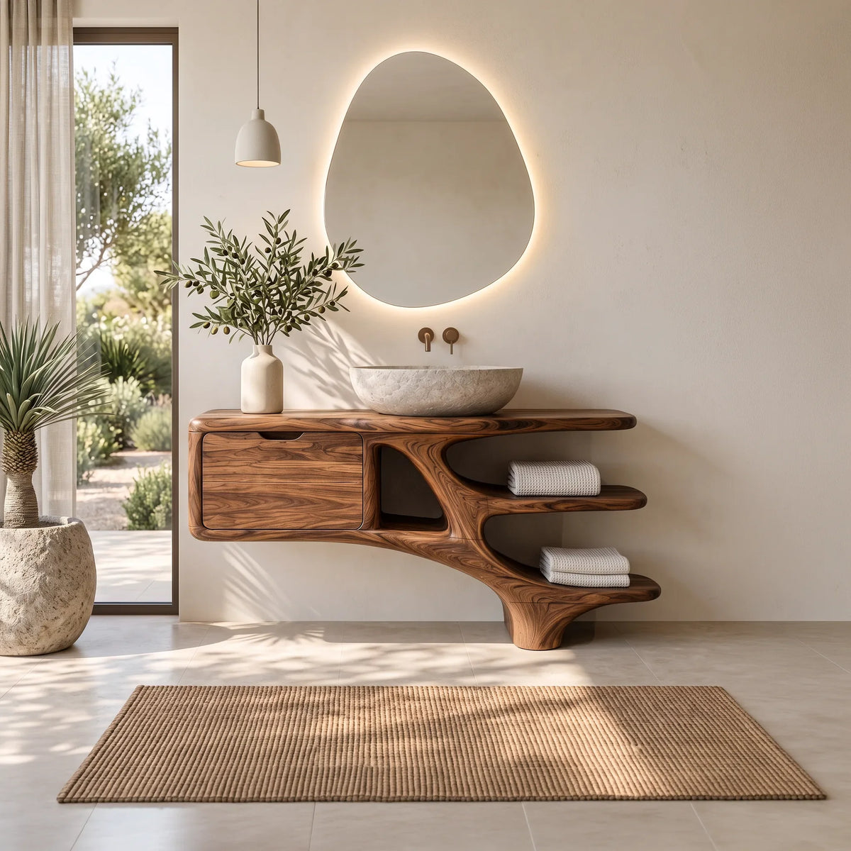 Contemporary Bathroom Vanity Curved Shelves With Cabinet For Modern Ensuite