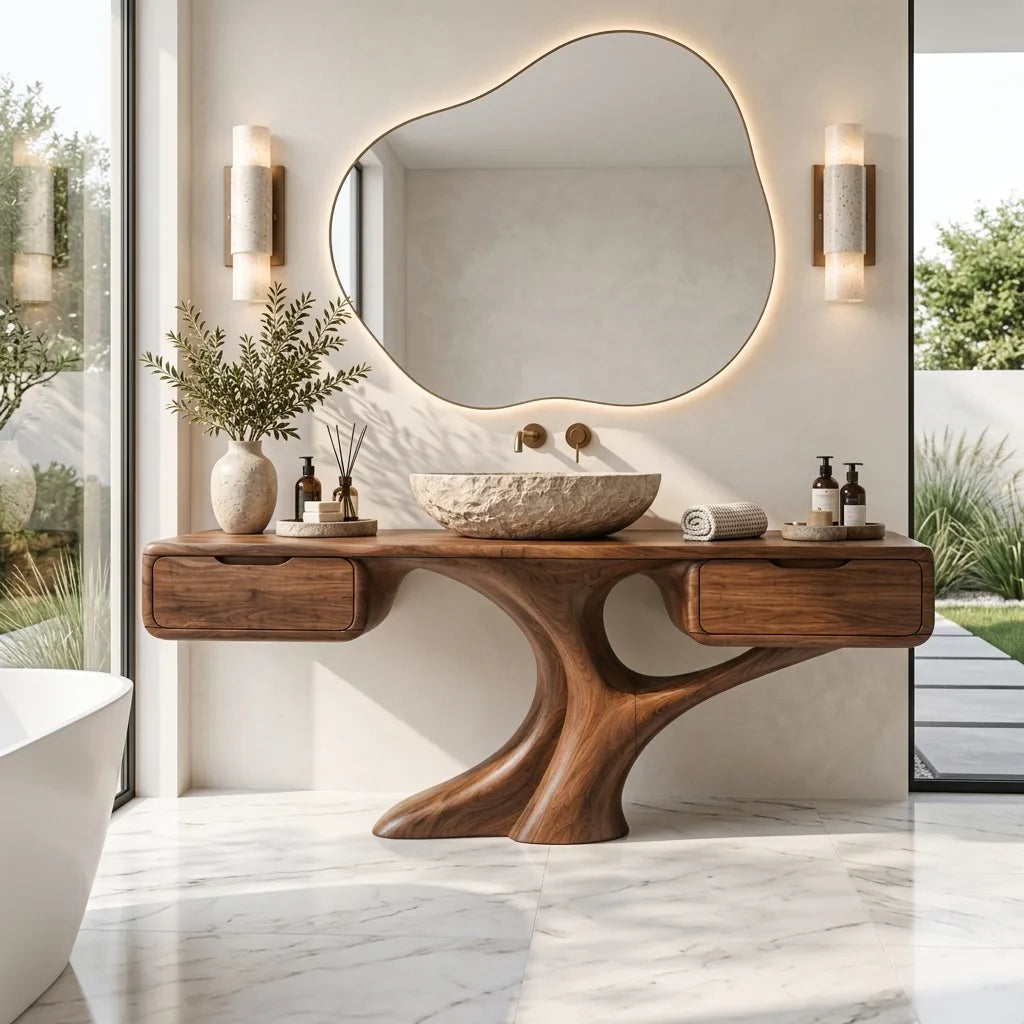 Sculptural Bathroom Vanity Branch Storage For Luxury Primary Suite