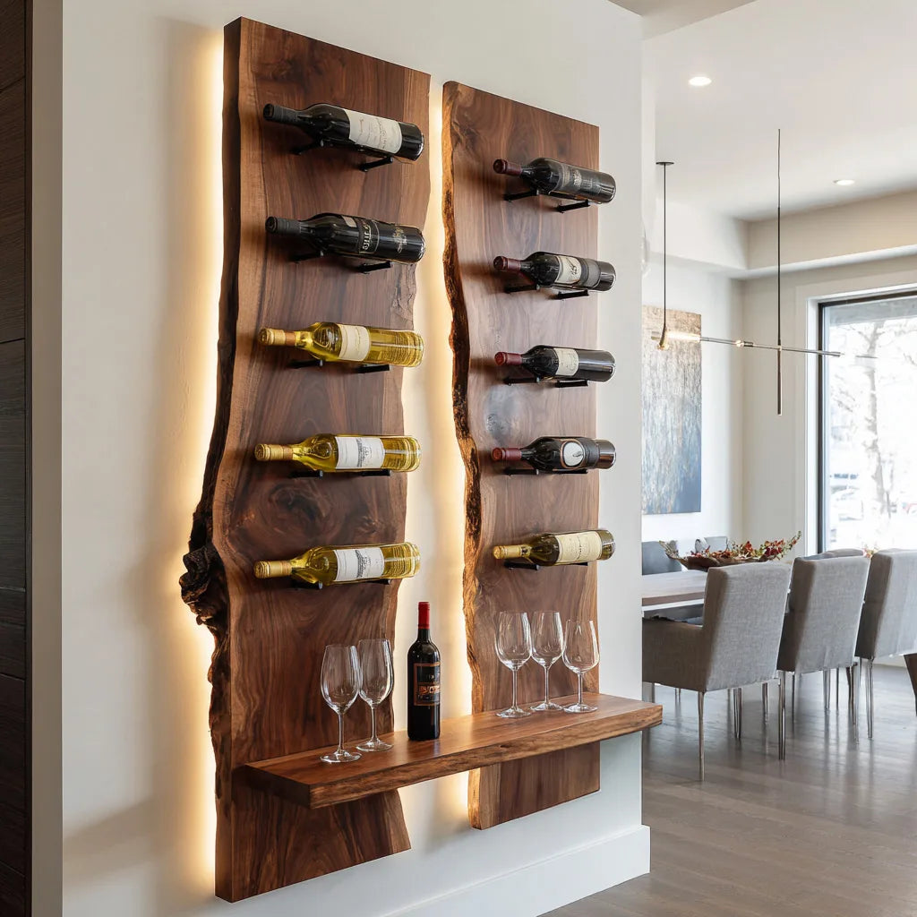 Contemporary Live Edge Wine Rack With Display Shelf For Dining Room