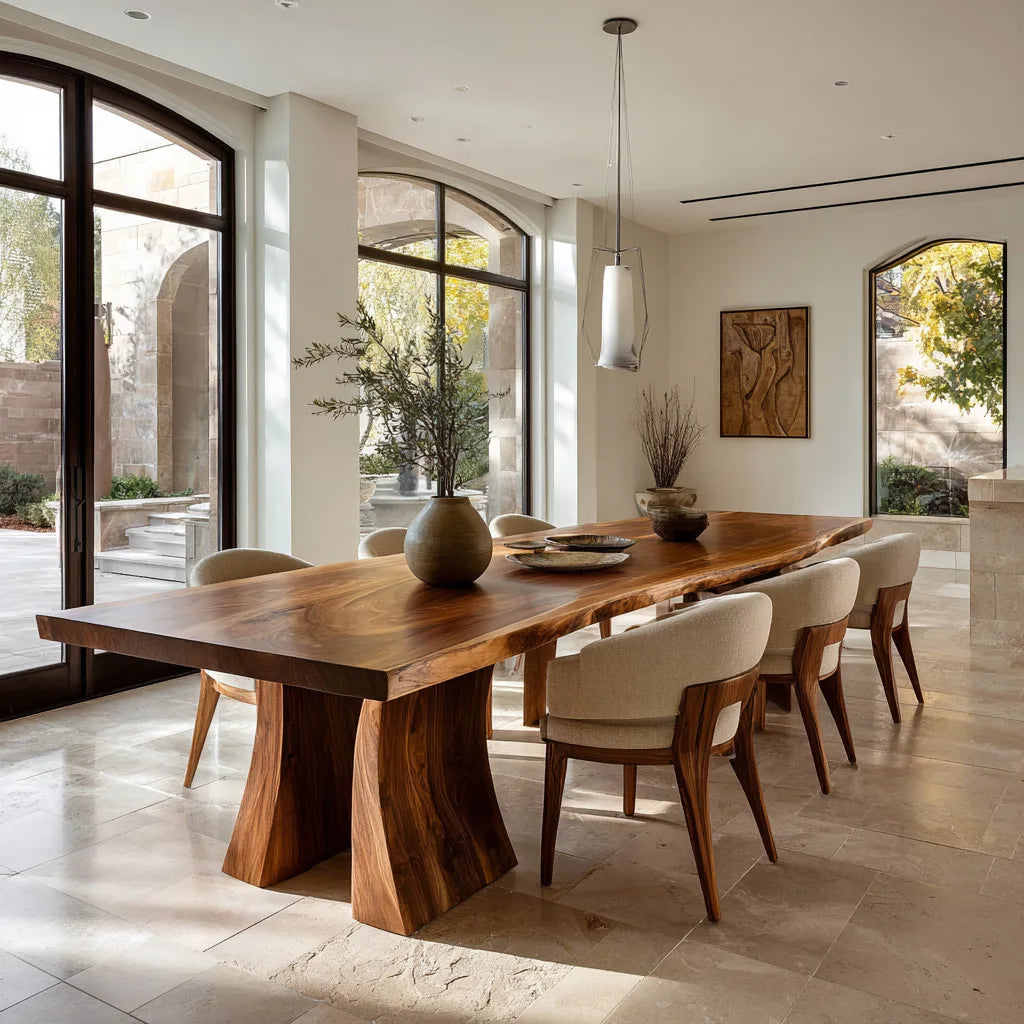 Contemporary Natural Wood Dining Table Sculptural Pedestal For Dining Room