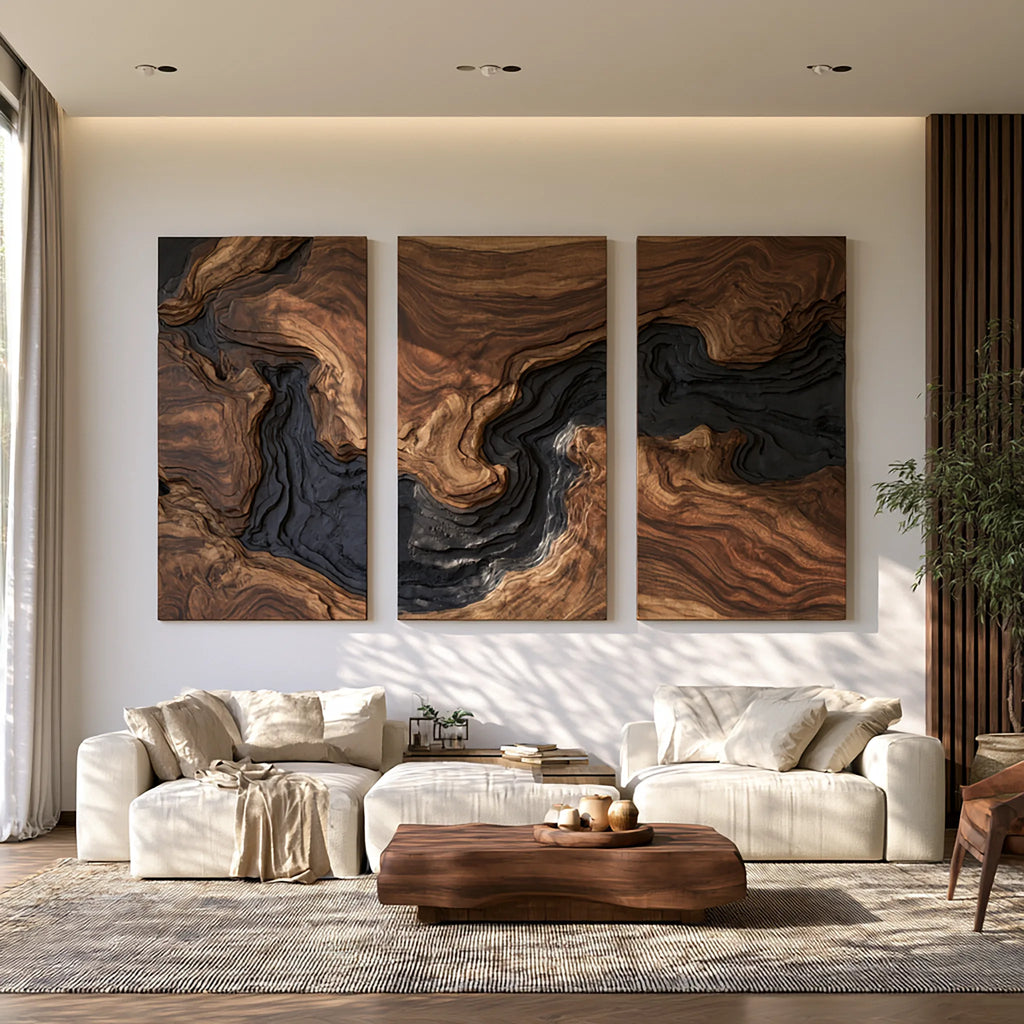 Modern Layered Wave Triptych Wood Wall Art Living Room