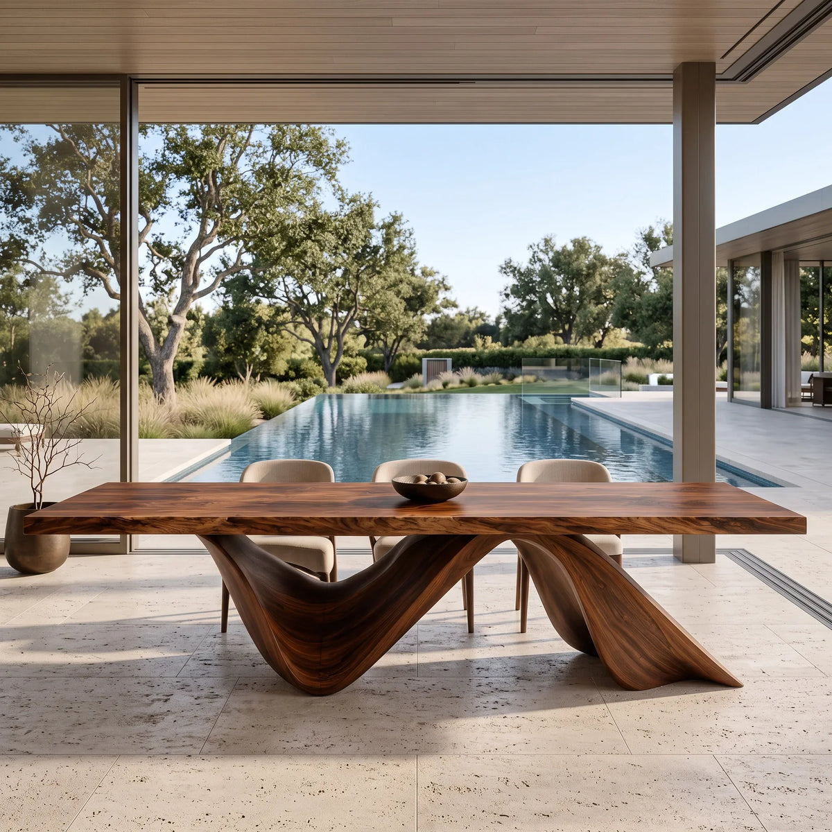 Luxury Natural Wood Dining Table Wave Base For Dining Room