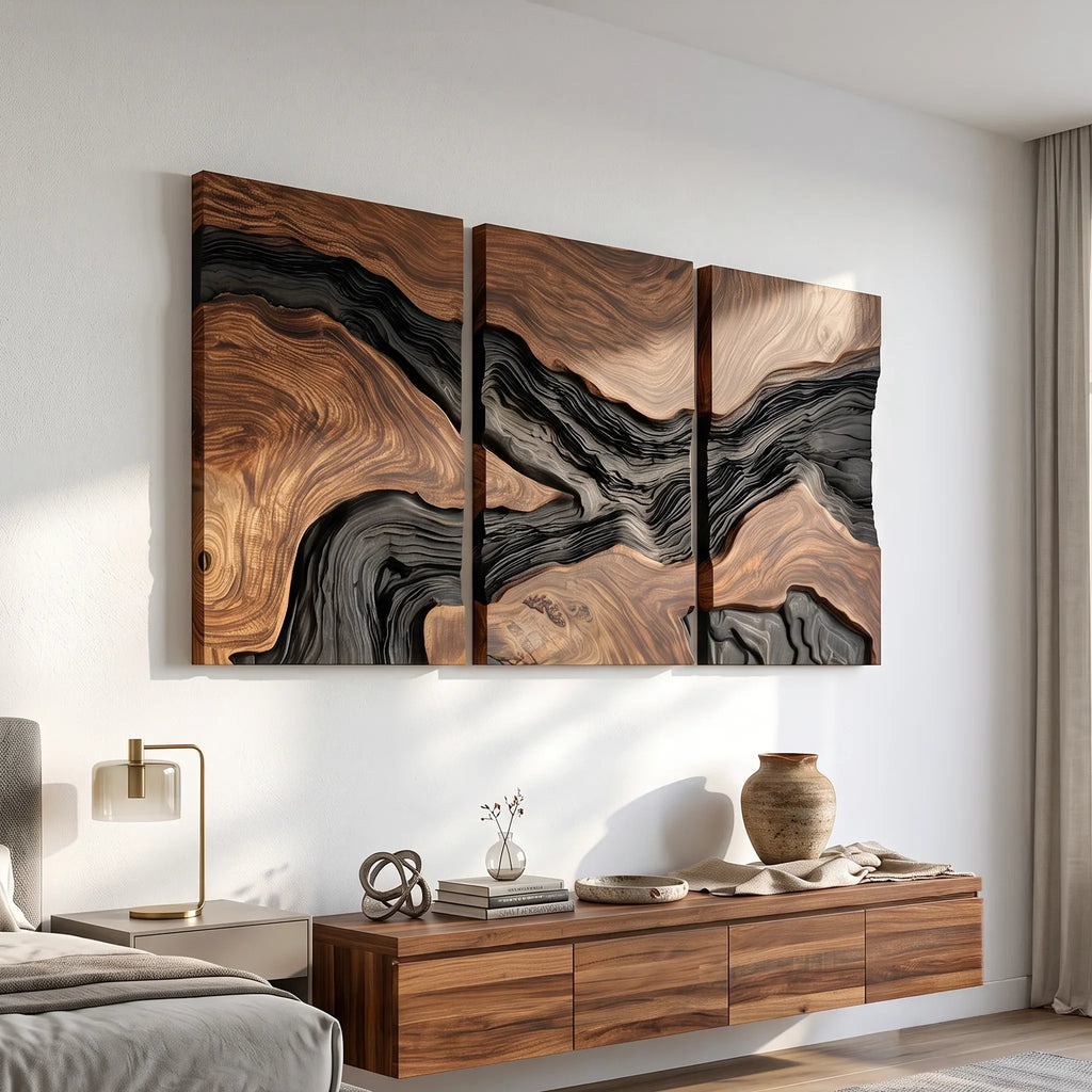 Handcrafted Mountain River Triptych Wall Art Modern Entryway
