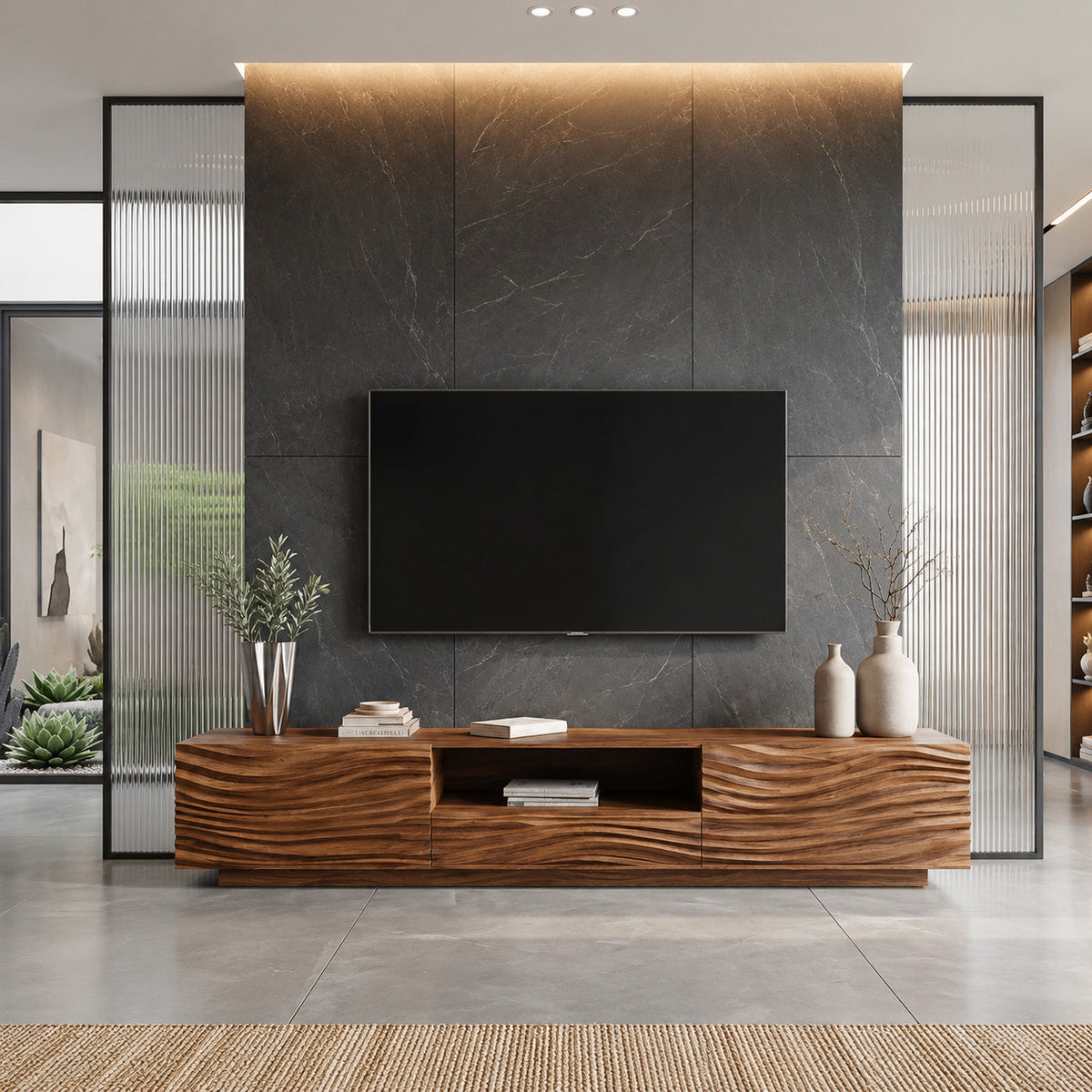 Modern Organic TV Console Sculpted Media Cabinet For Living Room