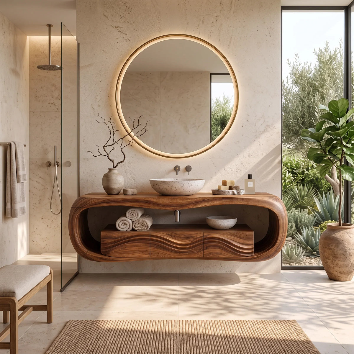 Sculptural Wall Mounted Bathroom Vanity Curved Shelves For Luxury Bathroom