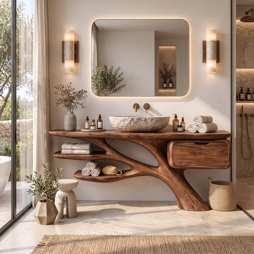 Biophilic Bathroom Vanity Branch Shelves For Luxury Bathroom