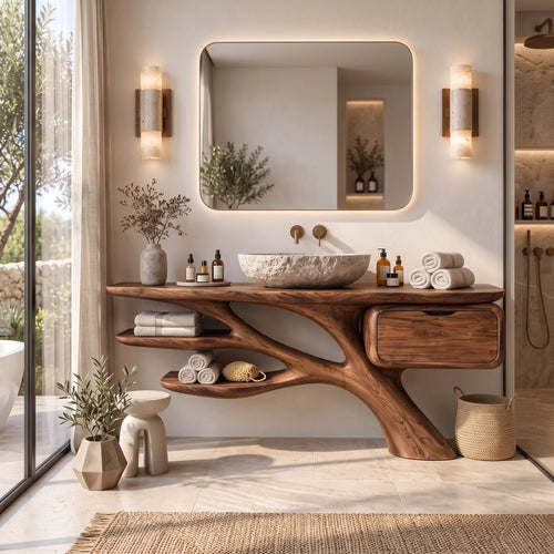 Biophilic Bathroom Vanity Branch Shelves For Luxury Bathroom