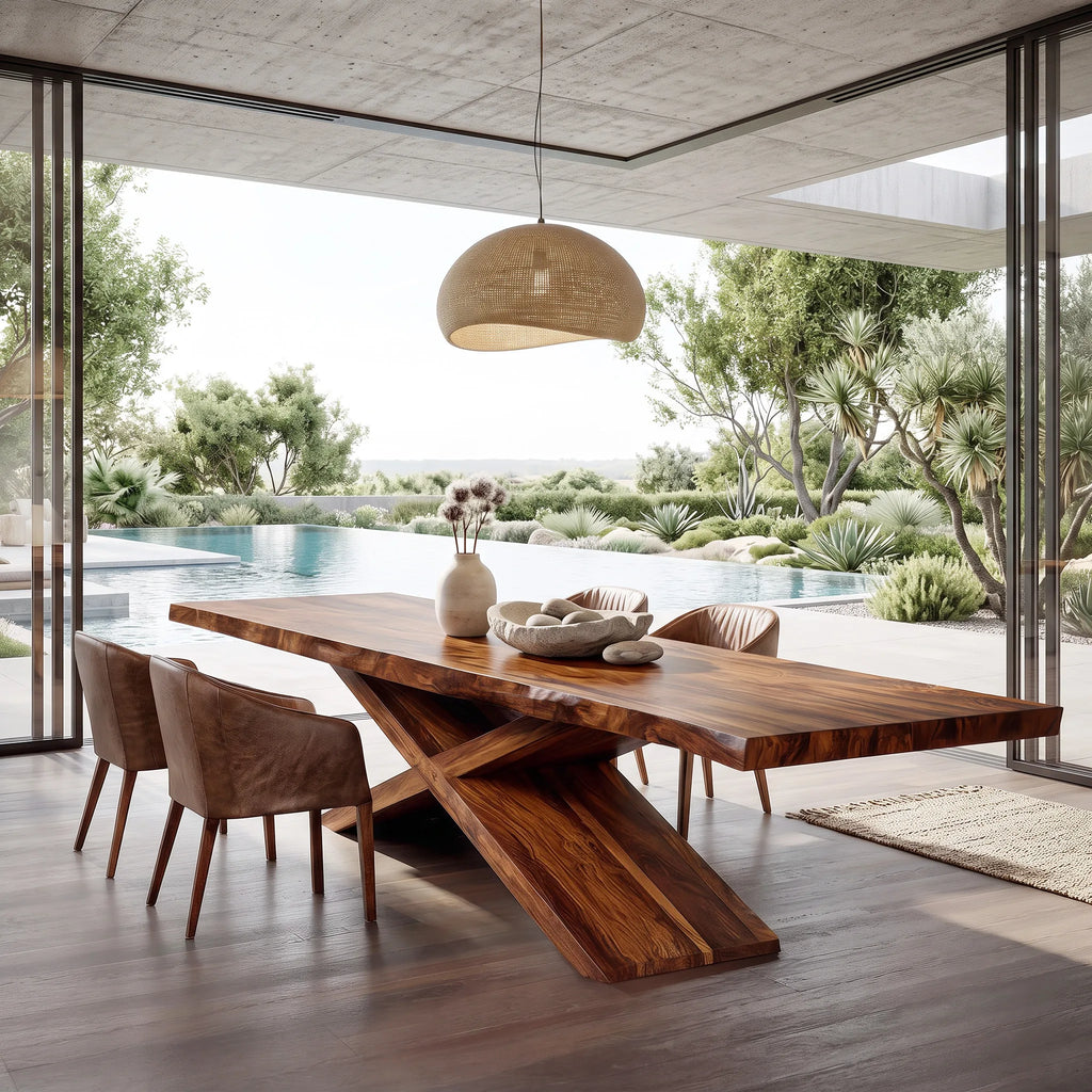 Contemporary Natural Wood Dining Table Geometric Base For Dining Room