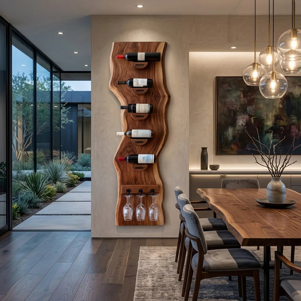 Contemporary Live Edge Wine Rack With Glass Holder For Dining Room