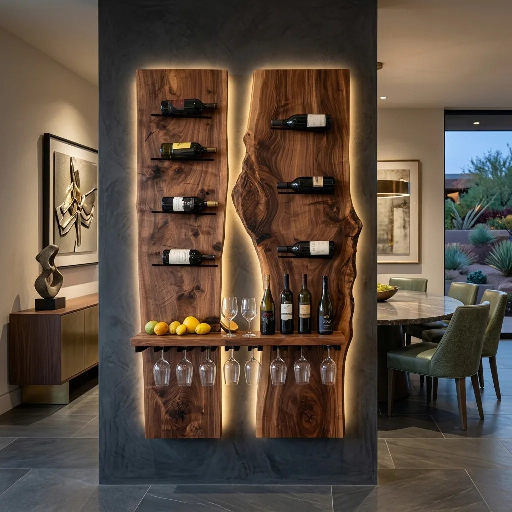 Modern Double Panel Wine Rack With Glass Holder For Home Bar