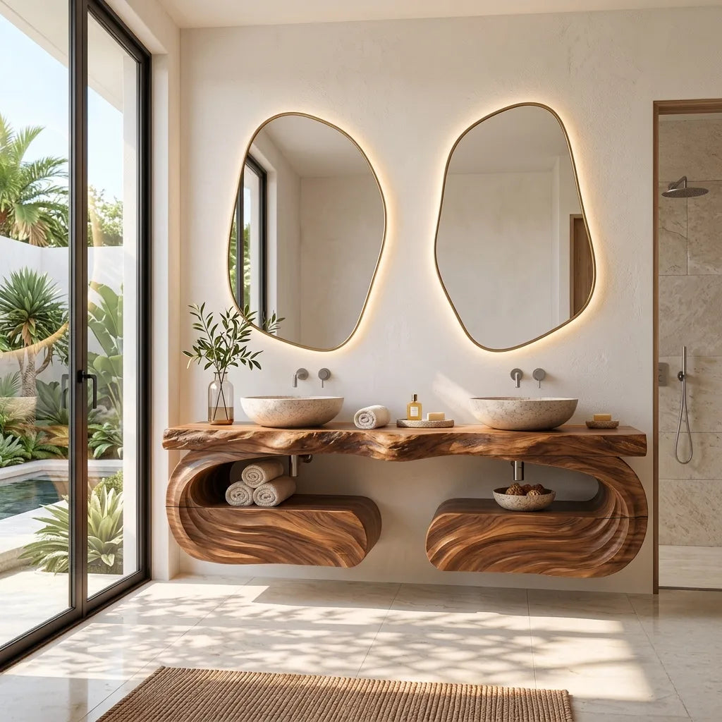 Luxury Floating Bathroom Vanity Wave Carved Cabinet For Modern Ensuite