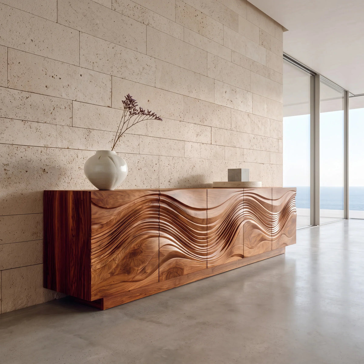 Contemporary Wave Carved Sideboard For Dining Area