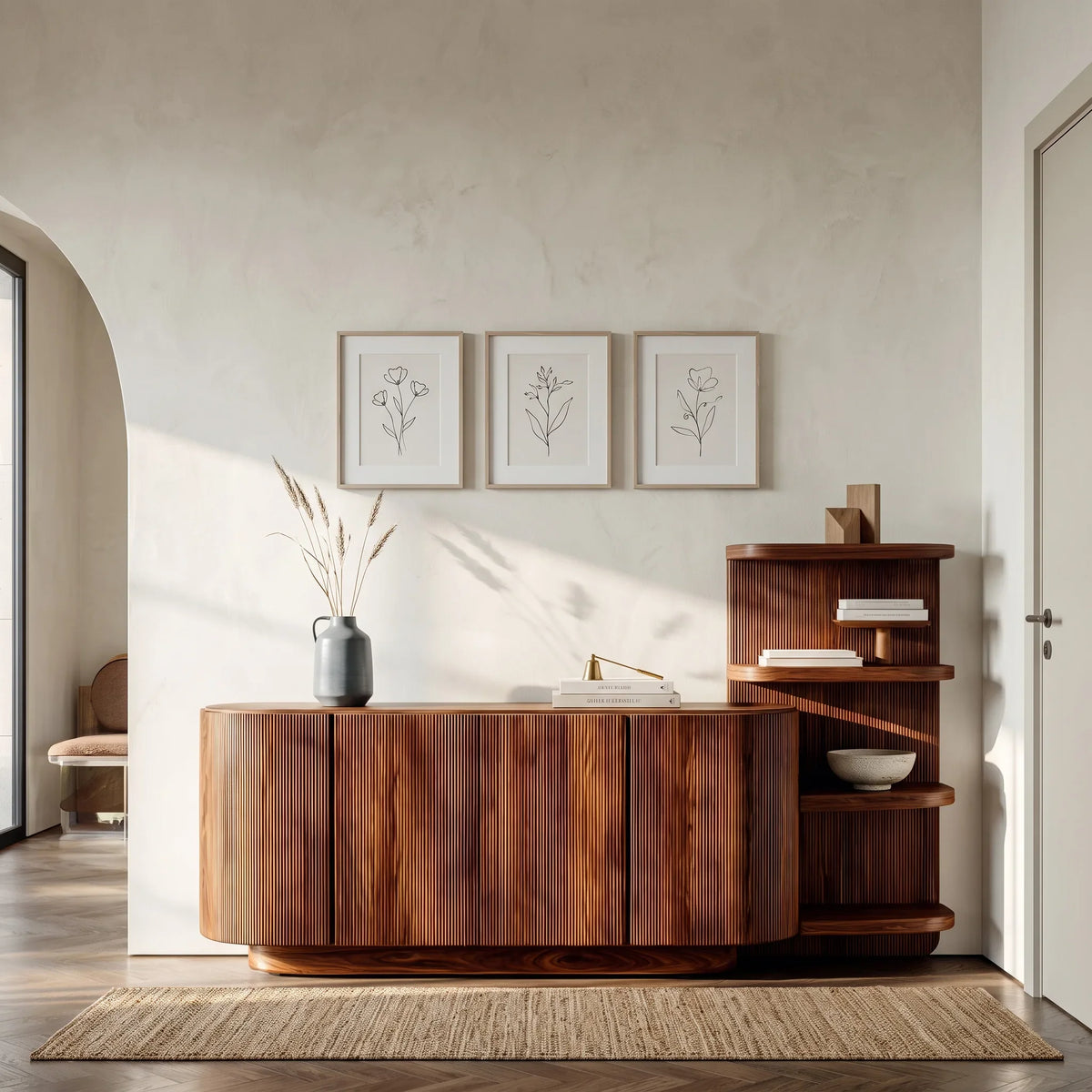 Contemporary Fluted Sideboard With Shelves For Living Room