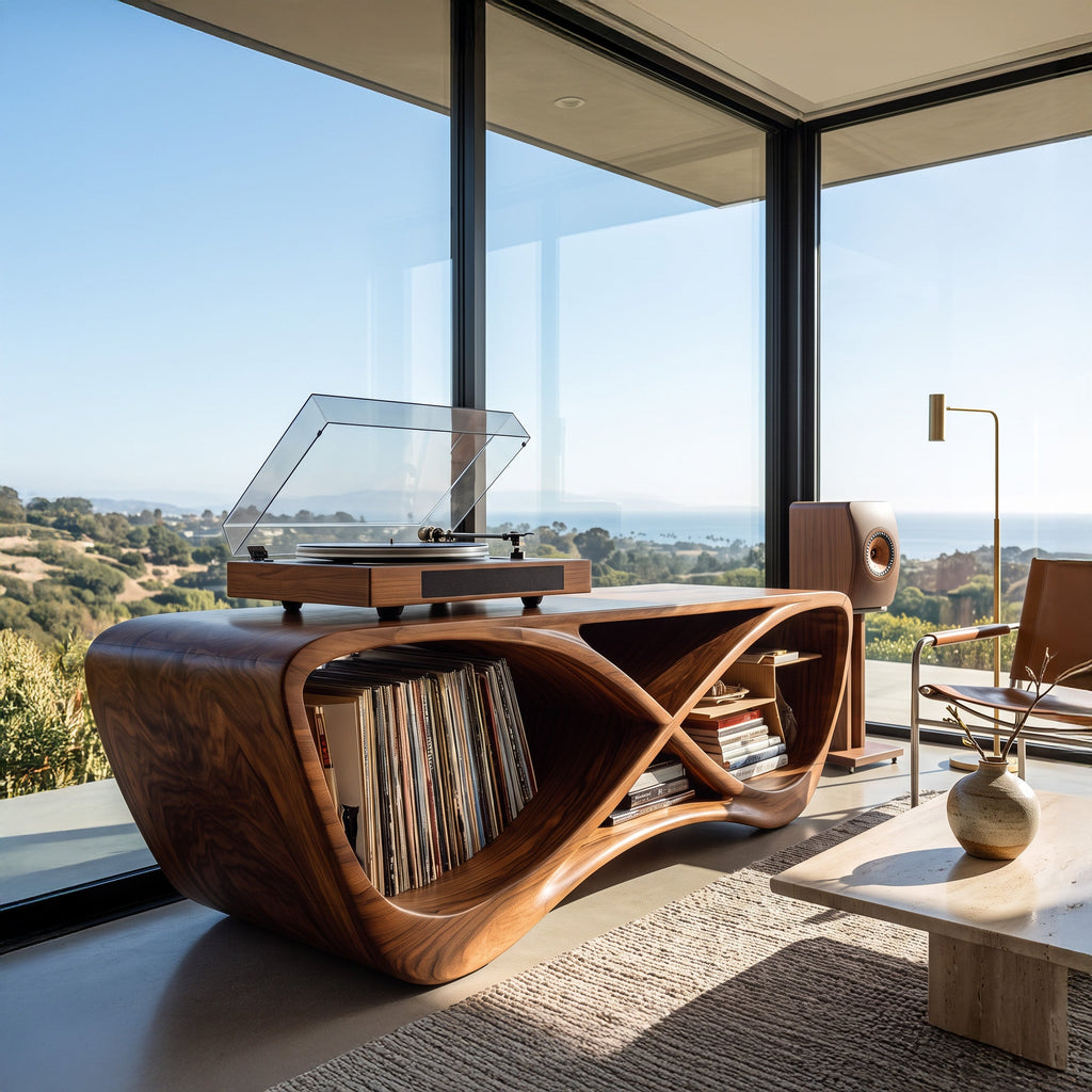 Contemporary Curved Wooden Record Player Console For Living Room