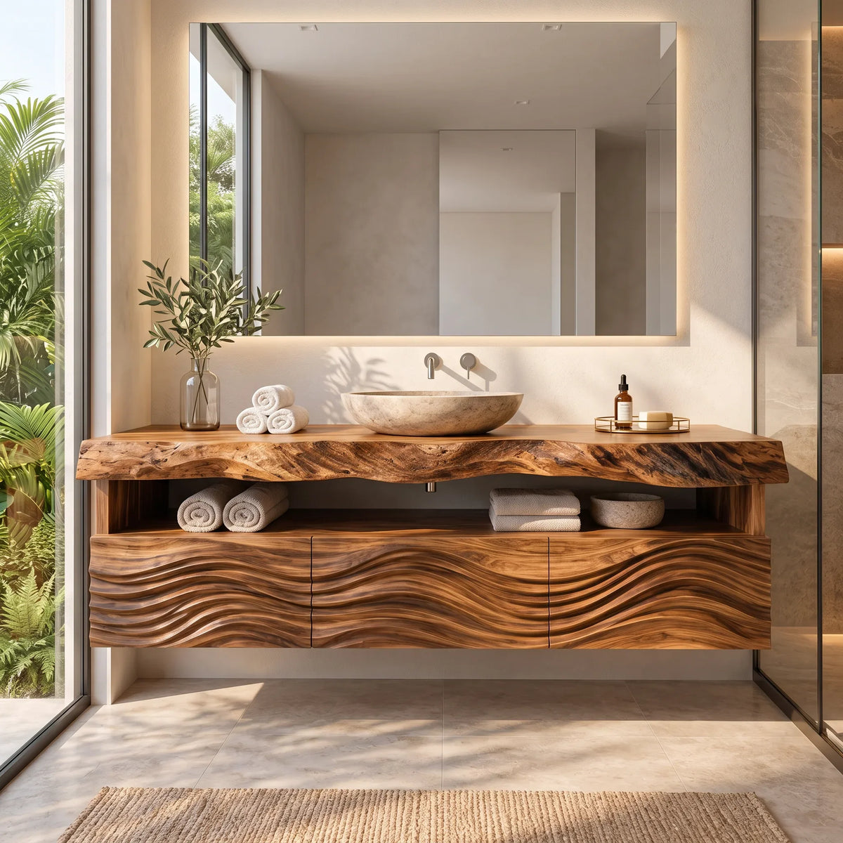 Contemporary Wall Mounted Bathroom Vanity Wave Carved Drawers For Ensuite