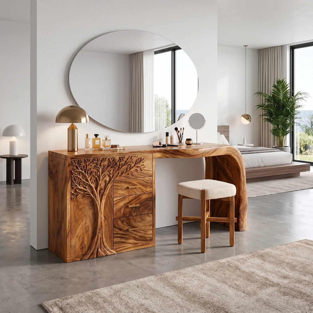 Elegant Makeup Vanity Desk Dressing Table Carved Tree Cabinet For Bedroom