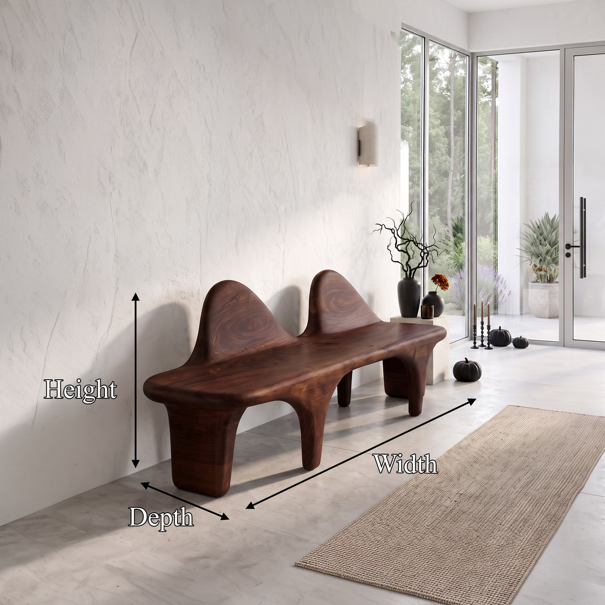 Organic Halloween Wooden Bench With Flowing Back Design For Entryway