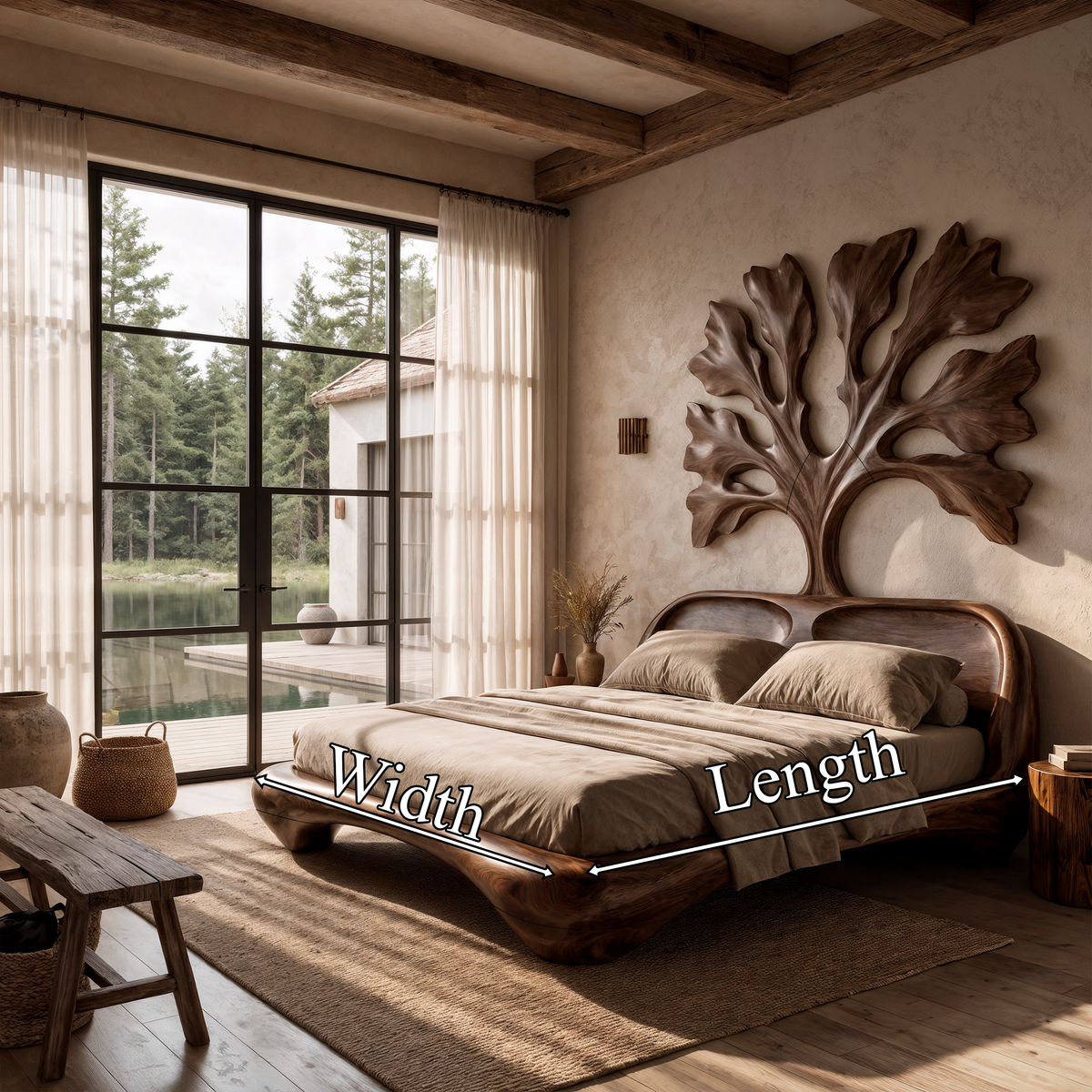 Organic Wooden Bed Frame With Artistic Tree Silhouette Headboard For Bedroom