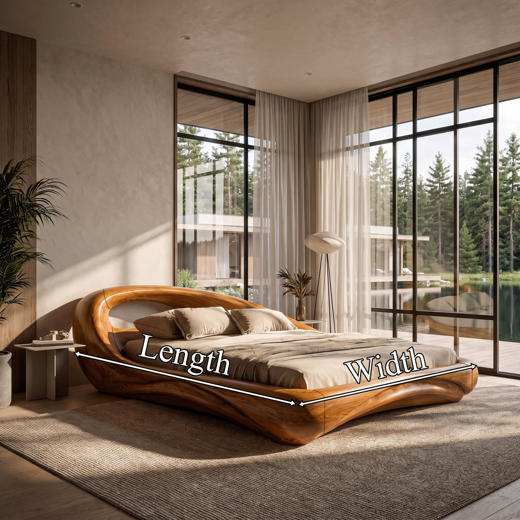 Modern King Bed Frame With Flowing Curved Headboard For Bedroom