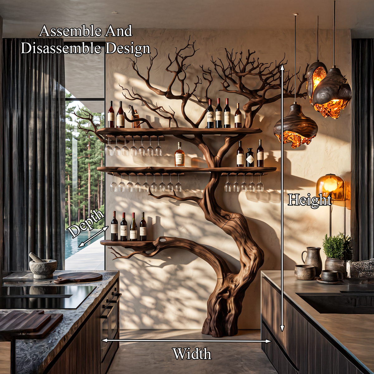 Farmhouse Wall Hanging Wine Rack With Rustic Tree Silhouette For Dining Room