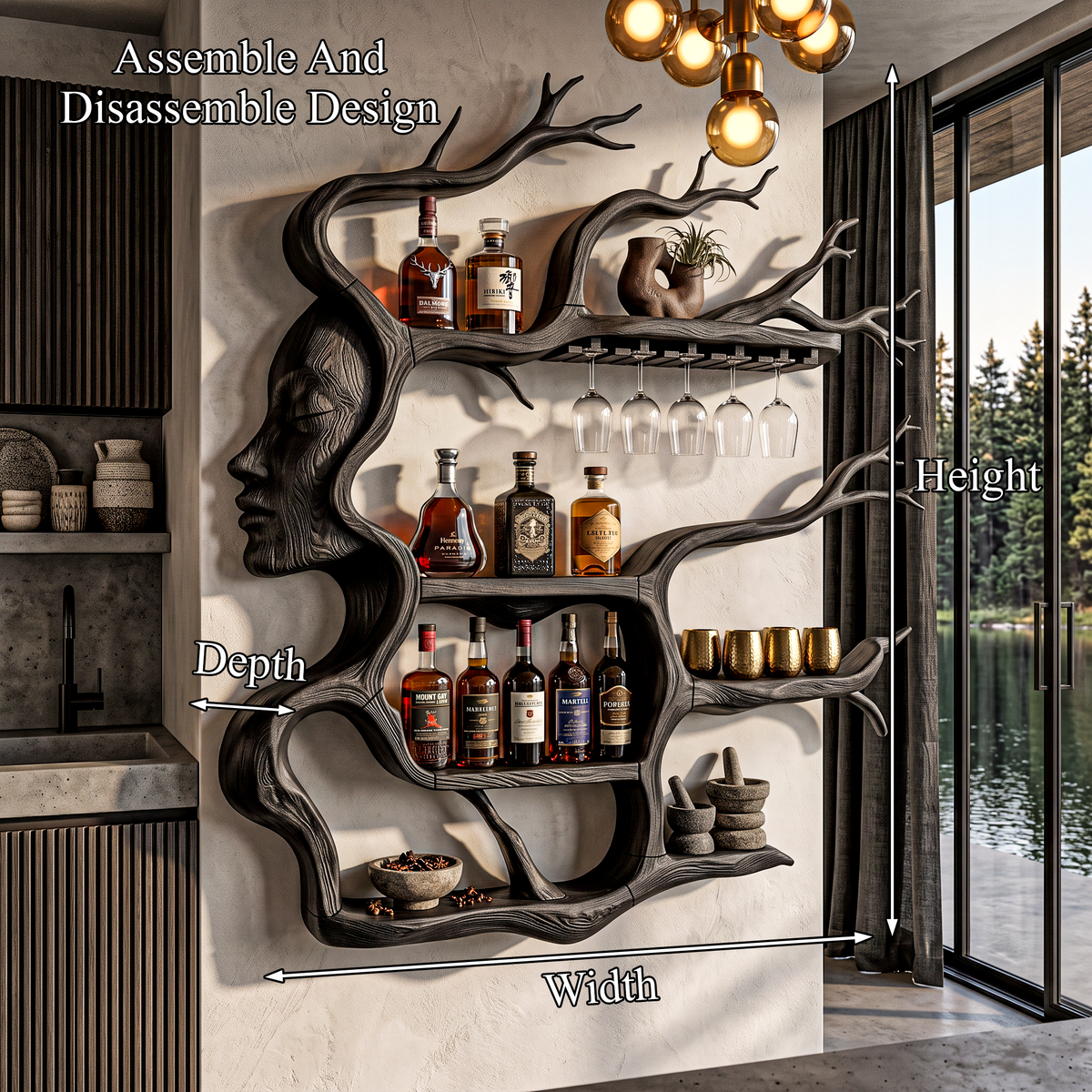 Contemporary Wall Mounted Wine Rack With Sculptural Face Tree Design For Dining Room