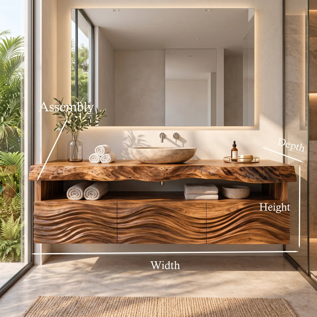 Contemporary Wall Mounted Bathroom Vanity Wave Carved Drawers For Ensuite