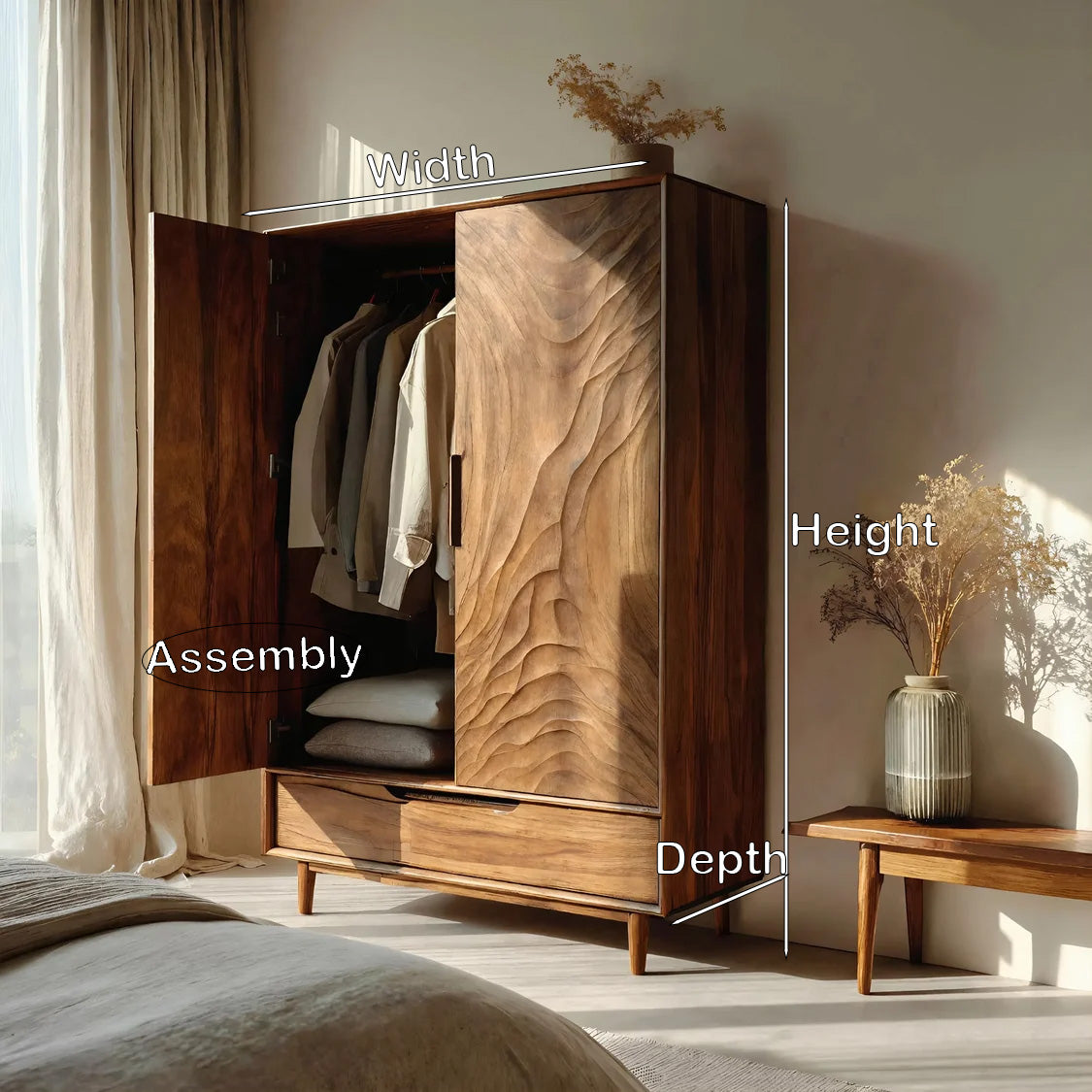 Organic Wardrobe With Carved Door For Bedroom